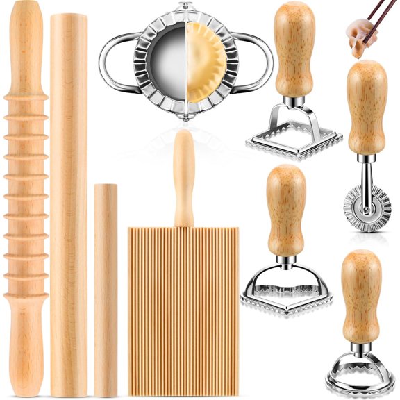 9 Pcs Pasta Making Tools kit - Gnocchi Board, Pasta Cutter, Stamp, Wood Threaded Pasta Roller Pin Set, Noodle and Dumplings Maker, Homemade Kitchen Gift for Pasta Lovers