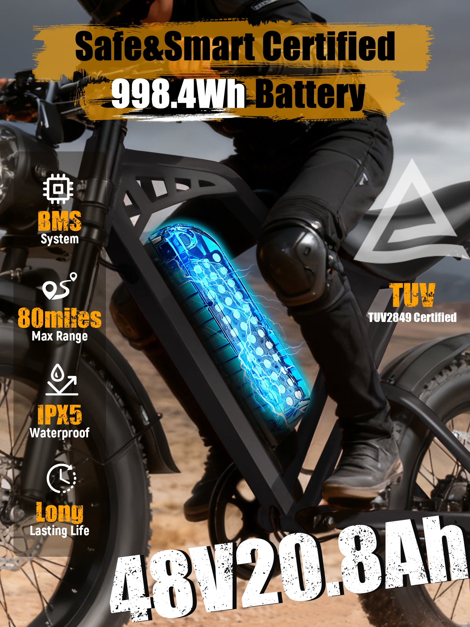 ESKUTE Electric Bike for Adults, 29MPH Dirt E-Bike, 48V 20.8Ah Battery, 20"x4.0" Fat Tires, 80-Mile Range, NFC Unlock, 7-Speed, Dual Suspension, Black with Phonebag & Lock