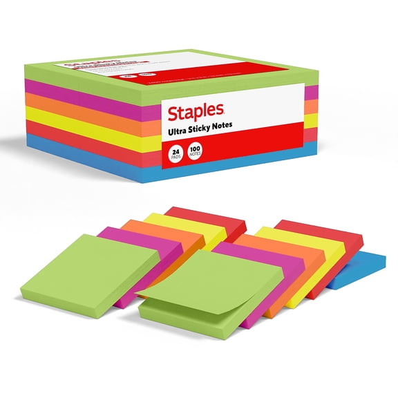 Staples Ultra Sticky Notes 3" x 3" Summer Breeze Collection 100 Sheets/Pad 24 Pads/Pack (ST62882)