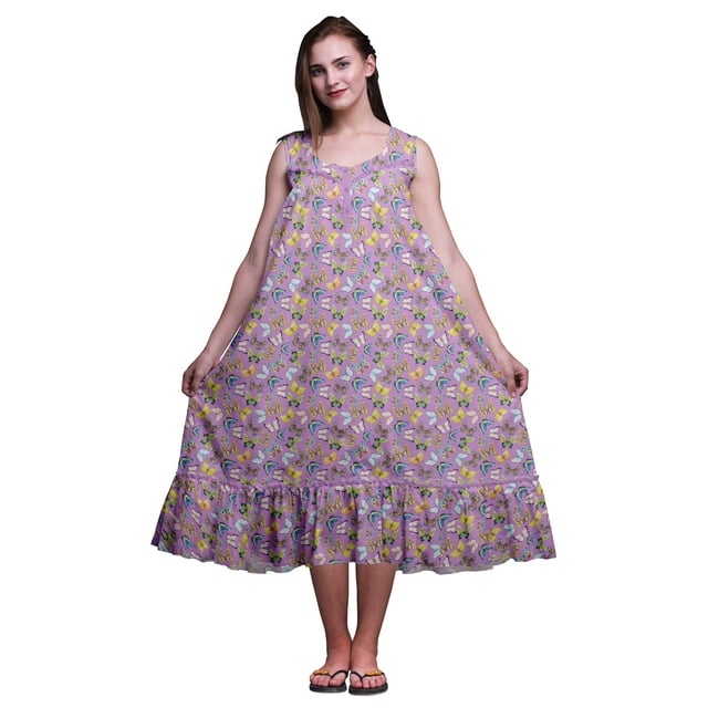 Bimba Chemises de Nuit en Coton Colorées Lavande Papillons pour Femmes Mi-Mollet Imprimées Robe de Nuit Grande