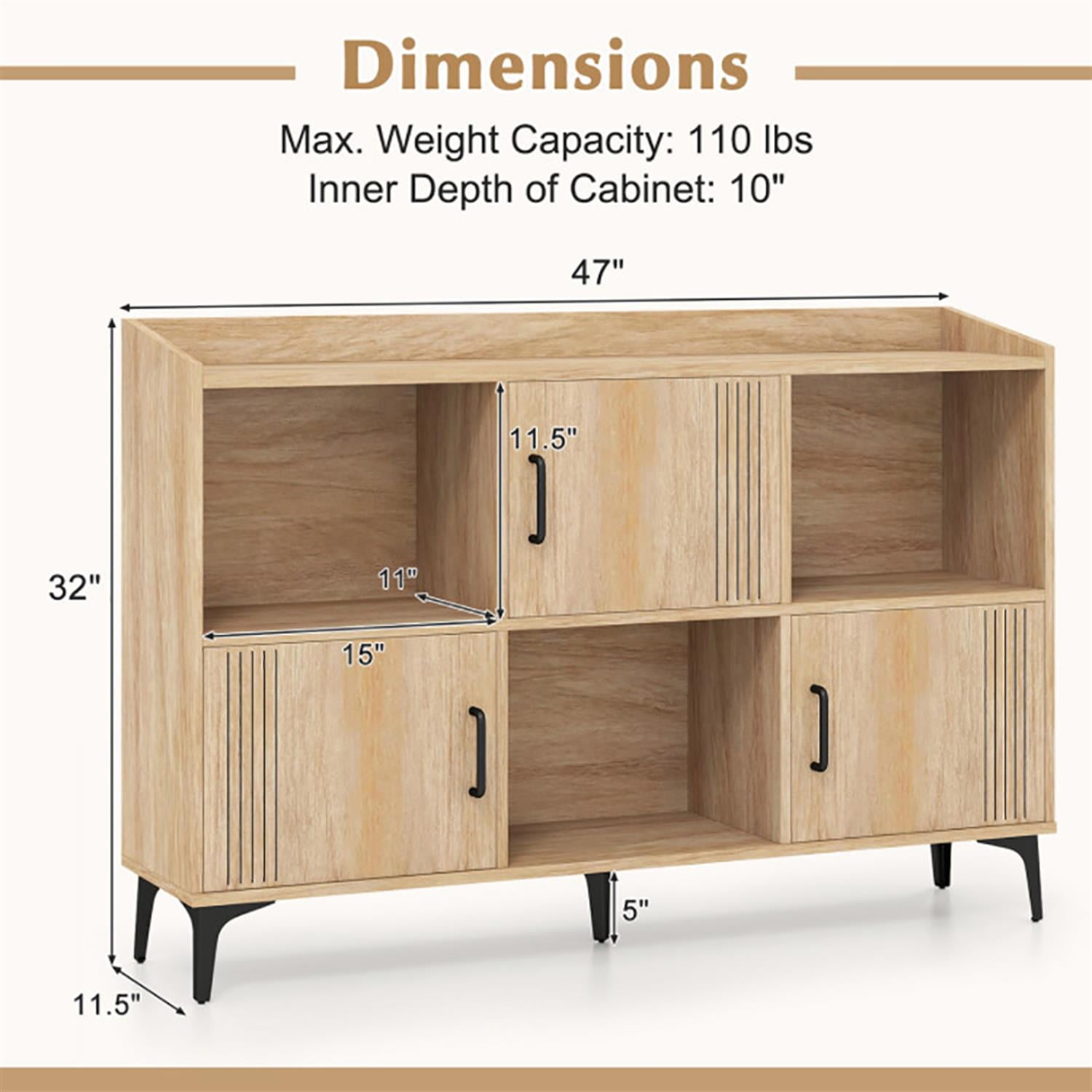 Demi Bonn 47" Sideboard Buffet Cabinet with 3 Doors and Open Compartments, Kitchen Storage Cabinet, Wood Coffee Bar Buffet Table for Dining Room, Beige