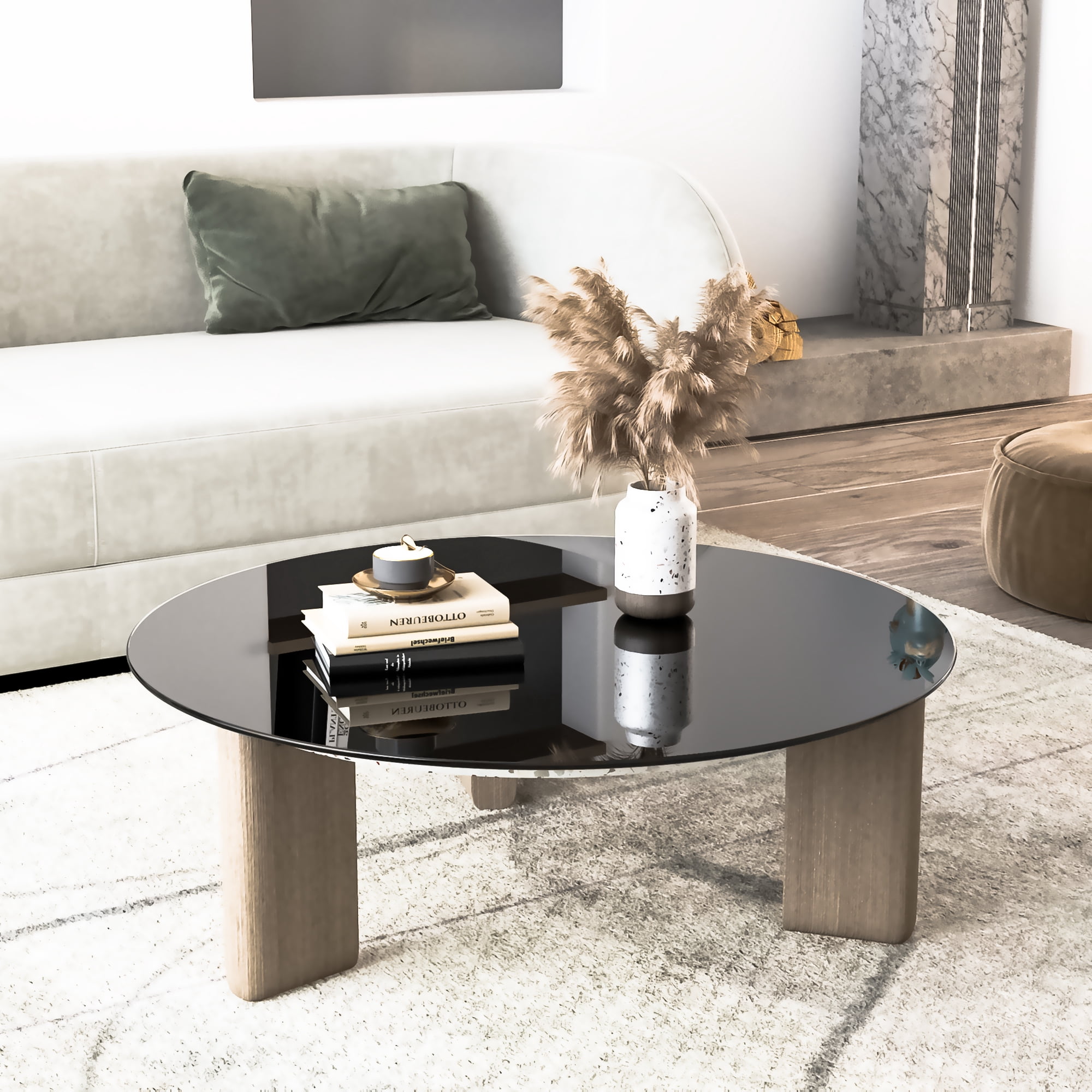 MAYEERTY 36" Round Tempered Glass Table Top, Beveled Polished Edge for Dining & Office, 1/4" Thick, Black