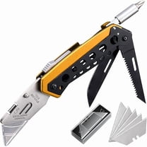 CJBFolding Utility Knife, Box Cutter Knife, Razor Work Knives, 6 in 1 Utility Knives Multitool with 5 Razor Blades, Screwdriver, Saw, Belt Clip Safe Lock, EDC Gadgets Gifts for Men Women, Yellow