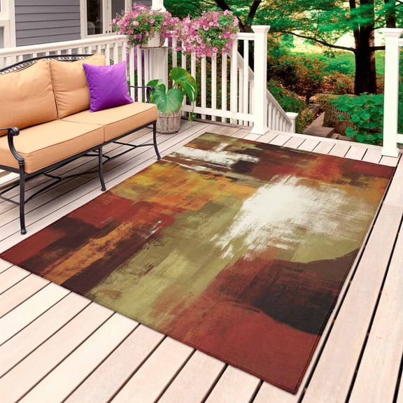 Burnt Orange Outdoor Rug for Patio/Deck/Porch, Non-Slip Large Area Rug 5 x 8 Ft, Fall Modern Oil Painting Abstract Art Green Brown Indoor Outdoor Rugs Washable Area Rugs, Camping Rug Carpet Runner