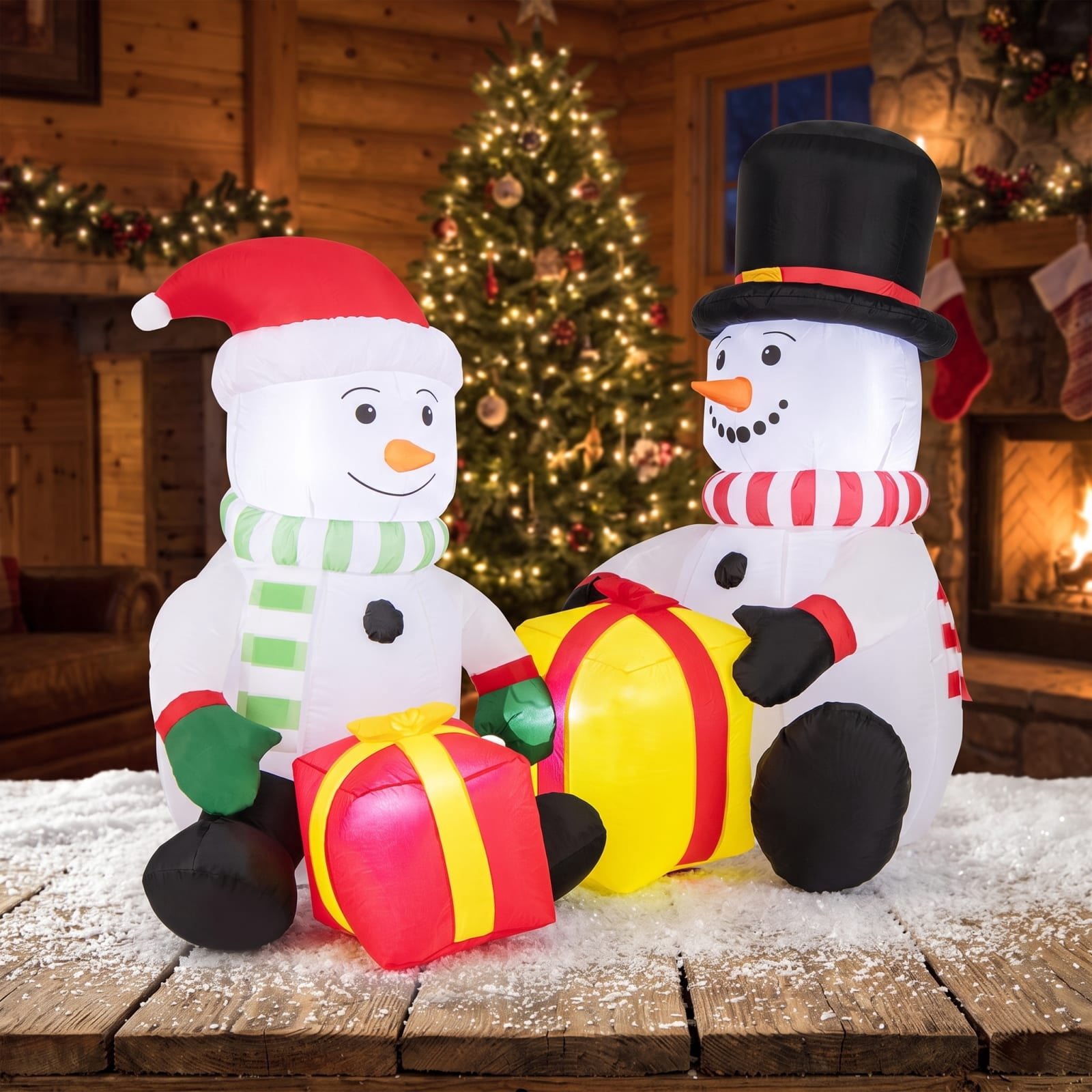 RUIE 5 FT Christmas Inflatables, 2 Blow Up Snowmen with Gift Boxes and LED Lights, Lighted Outdoor Yard Decorations for Lawn Garden - Multicolor