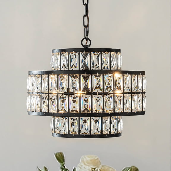 16'' Modern Crystal Chandelier Matte Black Finish 4-Light Tiered Drum Pendant Light for Small Spaces Dining Room Entryway