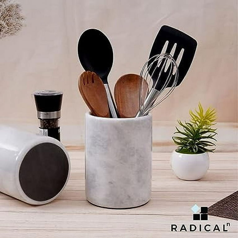 Radicaln Marble Utensil Holder Spoon Caddy Countertop White Handmade Kitchen Utensils Set Organizer - 5.5x6.5 inch Flatware Chopstick Canister