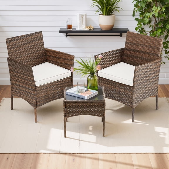 Simenmax Patio Furniture Set 3 Pieces, Outdoor Wicker Furniture with Coffee Table, Modern Rattan Patio Chairs Conversation Sets with Sofa for Garden, Terrace, Porch, Balconies, Lawns, Brown
