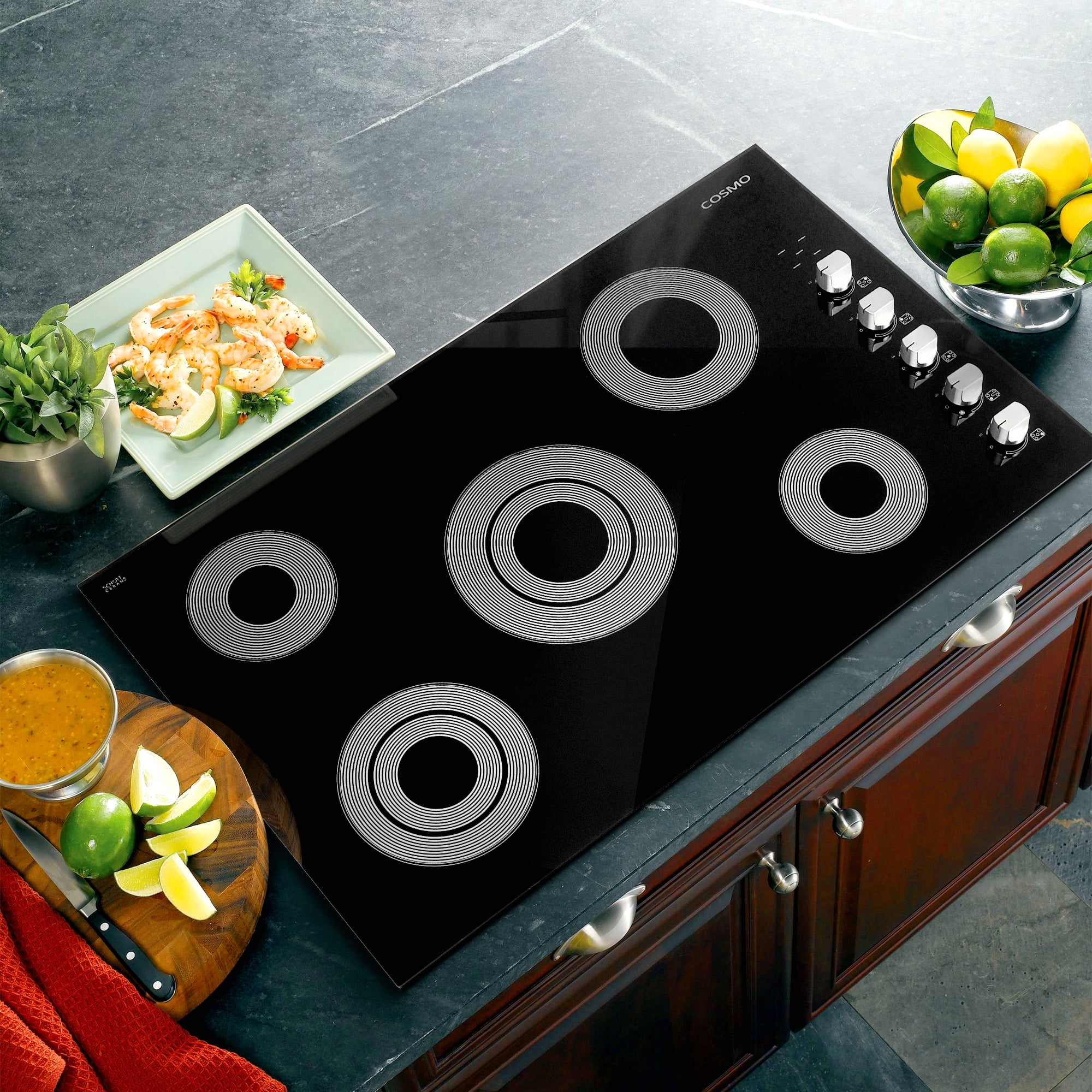 Cosmo 4 Piece Kitchen Appliance Package 36" Electric Cooktop 36" Wall Mount Range Hood 24" Single Electric Wall Oven & 24.4" Countertop Microwave Kitchen Appliance Bundles