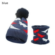 Fashion Thickened Windproof Children Hat Scarf Set Beanie Cap Knit Hats Scarf Warm Cap BLUE