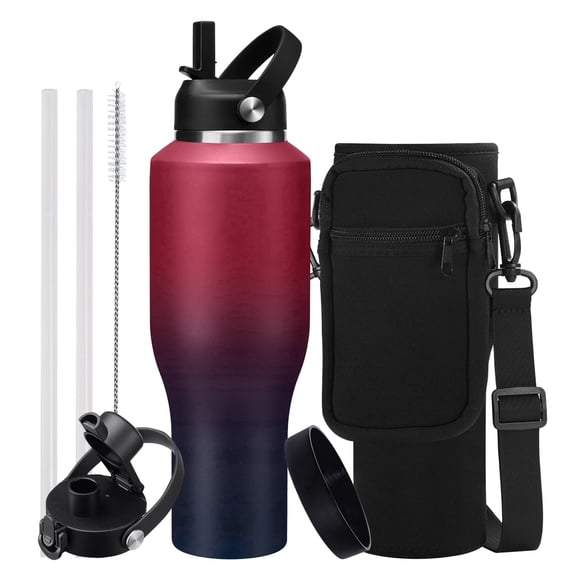 Insulated Water Bottle 40oz Tumbler with Straw - Keep Cold 48h & Hot 24h Vacuum Water Bottle with Auto Chug Lid, Sling Bag & Boot