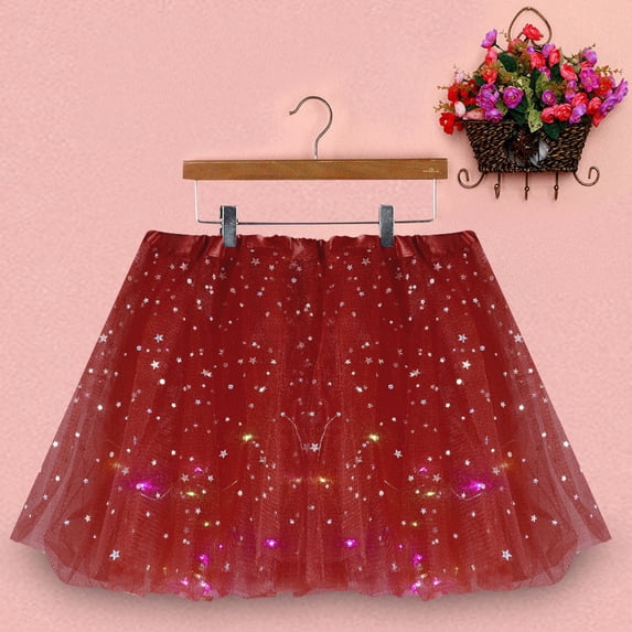 Women Star Sequins Mesh Pleated Skirt with LED Small Bulb Skirt Womens Plaid Skirt One Size