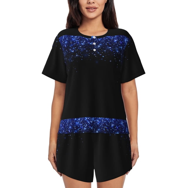 Fotbe Black Blue Glitter Sparkles Conjunto de Pijama Estampado para Mujer, 2 Piezas, Ropa de Dormir con Camiseta de Manga Corta y Shorts Suaves-X-Large