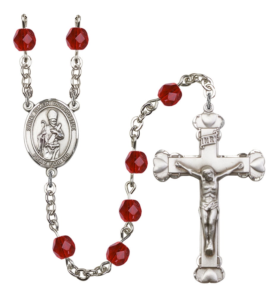 Simon the Apostle Center and 1 5/8 x 1 inch Crucifix St Gift Boxed Silver Finish St Simon the Apostle Rosary with 6mm Emerald Color Fire Polished Beads