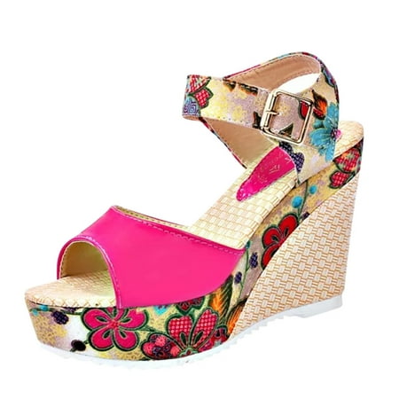 

Womens Sandals Women Fish Mouth Platform High Heels Wedge Sandal Lace Unpositioned Printing National Style Slope Sandals Women S Sandals Microfiber Cloth Hot Pink 37