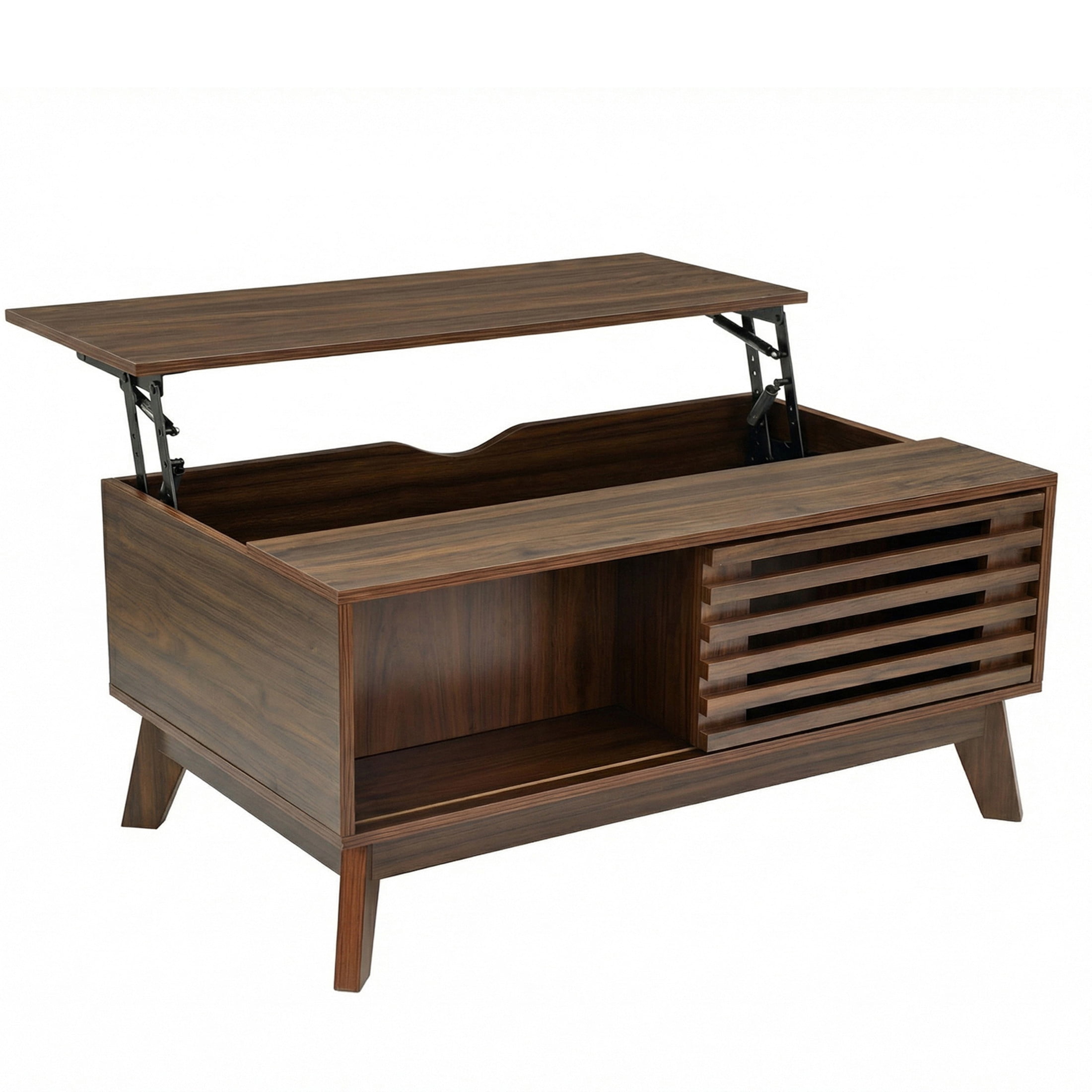 Noble House 35" Lift Top Coffee Table with Hidden Storage, Mid-Century Table with Slatted Sliding Door, Walnut