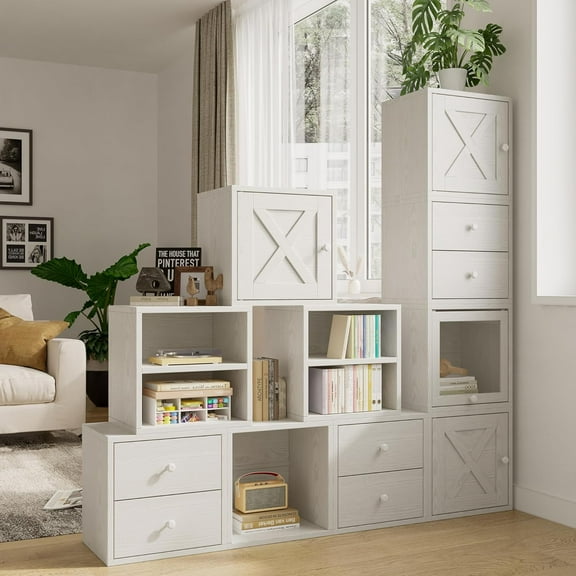 Magic  Cube Storage Organizer Stackable Cubes for Home Books Clothes Toy - Modular Cubby Storage System - Office Cubical - Bookcase Closet (Pure White-washed, Glass Door Cube)