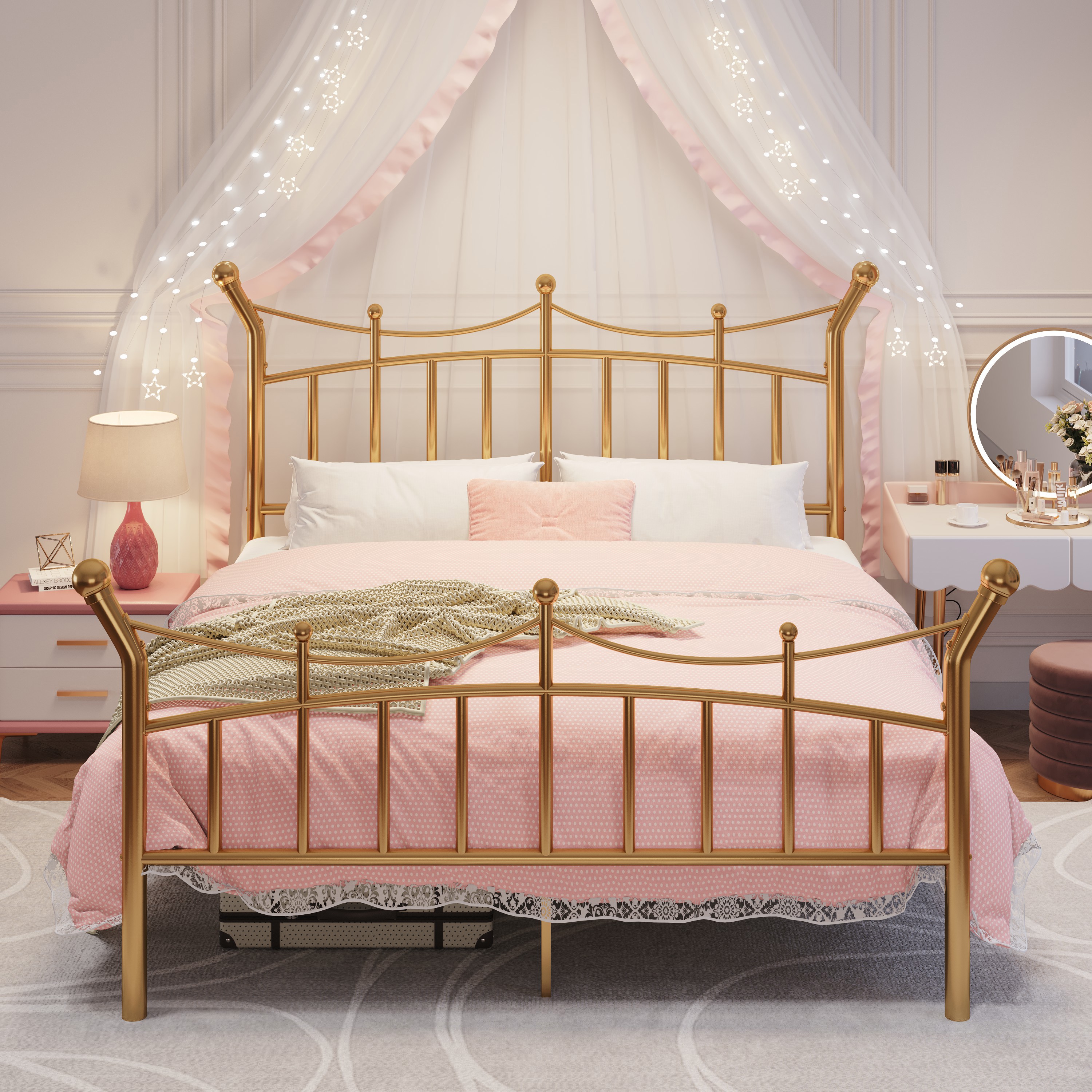 Bed.j.wfordピンクカーディガン ゴールドチェーン付き Amolife Queen Bed Frame, Metal Platform with Crown Headboard