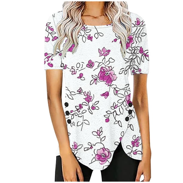 Blusas de Manga Corta para las Mujeres Botón Impreso Cuello Redondo Top Casual, Blusas para las Mujeres Casual