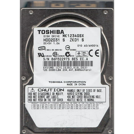 MK1234GSX, A0/AH001A, HDD2D31 S ZK01 S, Toshiba 120GB SATA 2.5 Hard Drive