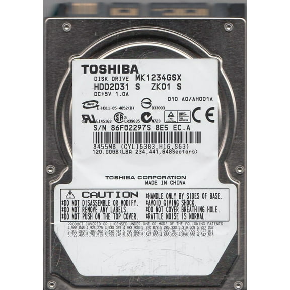 MK1234GSX, A0/AH001A, HDD2D31 S ZK01 S, Toshiba 120GB SATA 2.5 Hard Drive