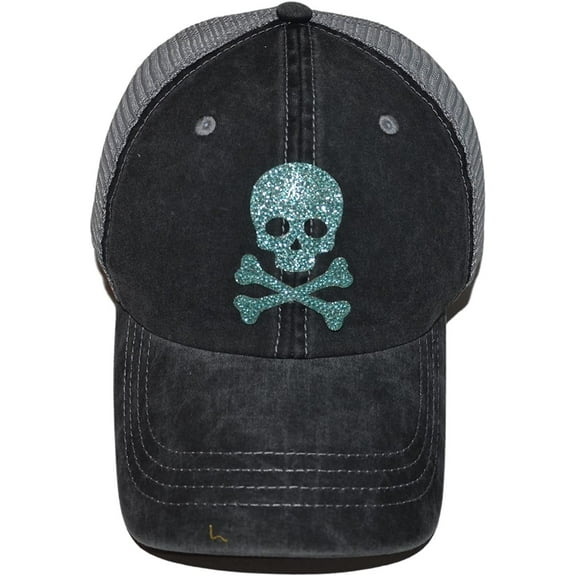 Popfizzy Womens Skull Baseball Caps, Trucker Hat, Girls Skull Cap, Jolly Roger Ballcap, Adjustable Snapback Teal, Black