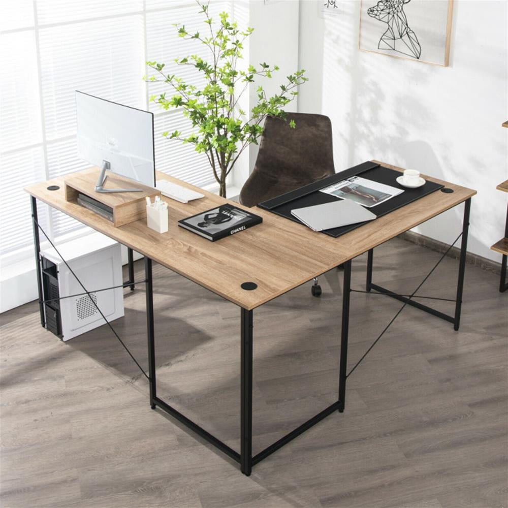 Demi Bonn 95" 2-Person L-Shaped Long Reversible Computer Desk with Monitor Stand, Small Home Office Desk Study Writing Table, Natrual