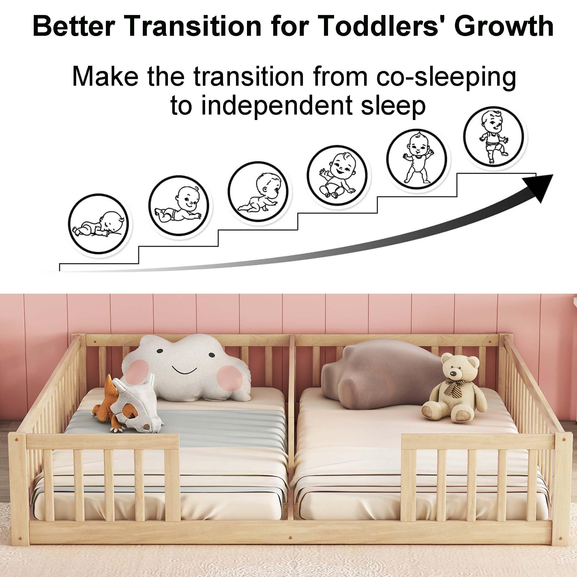 Double Twin Floor Bed, Montessori Bed Frame with Fence, Wooden Double Floor Bed with Guardrails for 2, Box Spring Needed, Natural