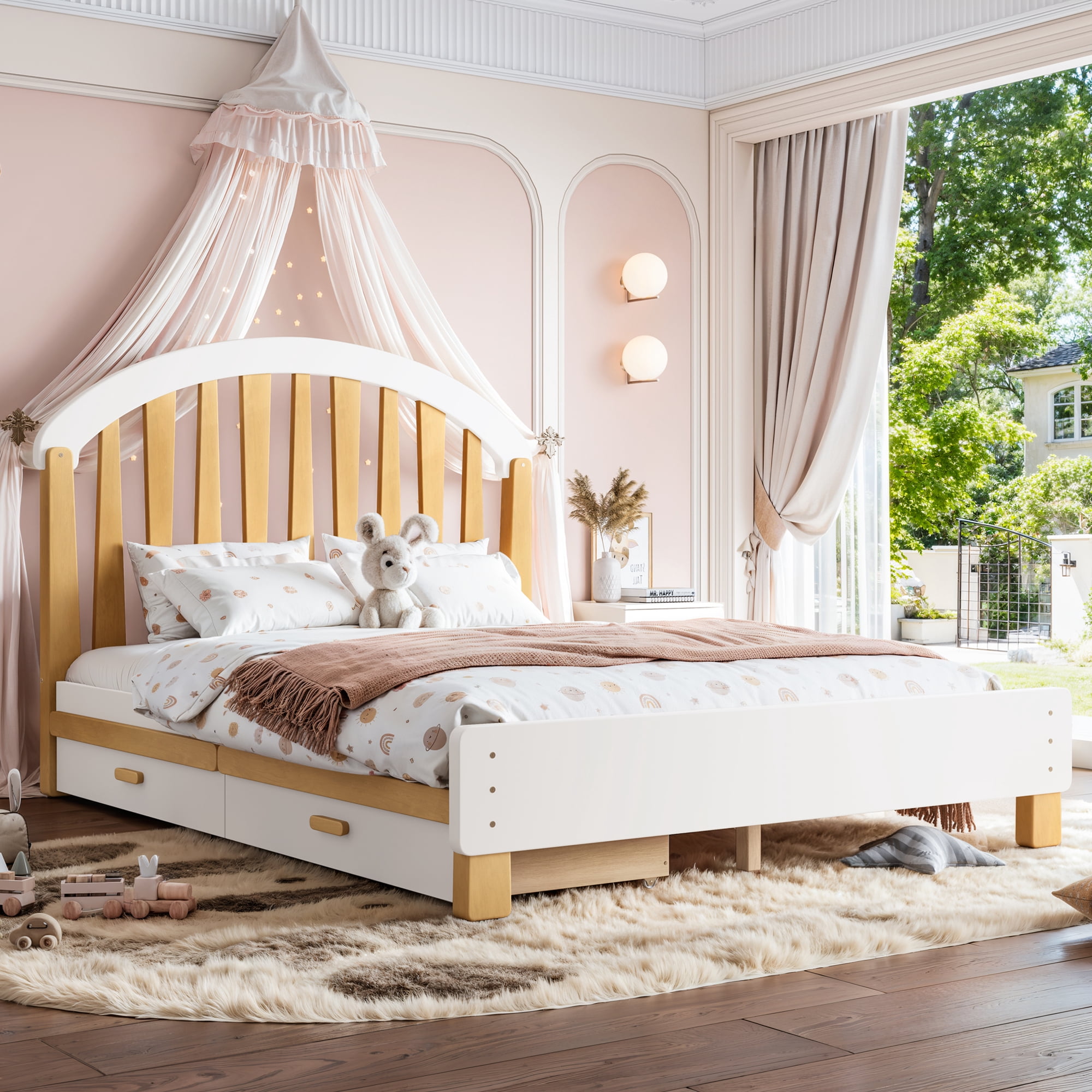 Leumius Full Size Platformbed Frame with Storage Drawer, Wood Bed Frame with Round Headboard for Bedroom White & Natural