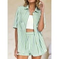 thumbnail image 3 of Two Piece Outfits for Women 2025 Striped Shirt & Shorts Set Bean Green M, 3 of 5