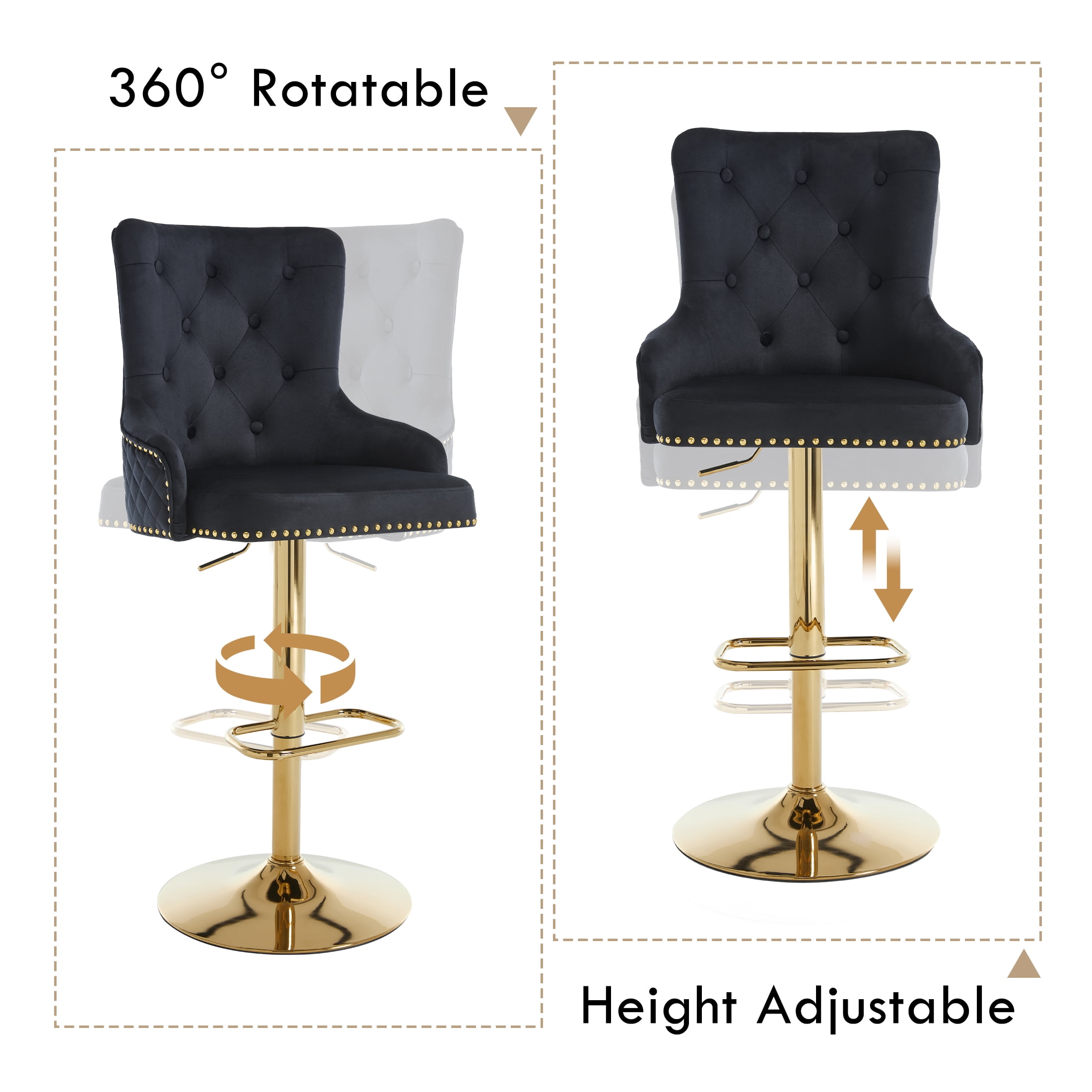Velvet Gold Bar Stools Set of 2 Modern Counter Height Bar Stools with Lion Pull Ring Tufted Back, Nailhead Upholstered Barstools for Home Kitchen Island, Swivel Adjustable Stool Chair in Black