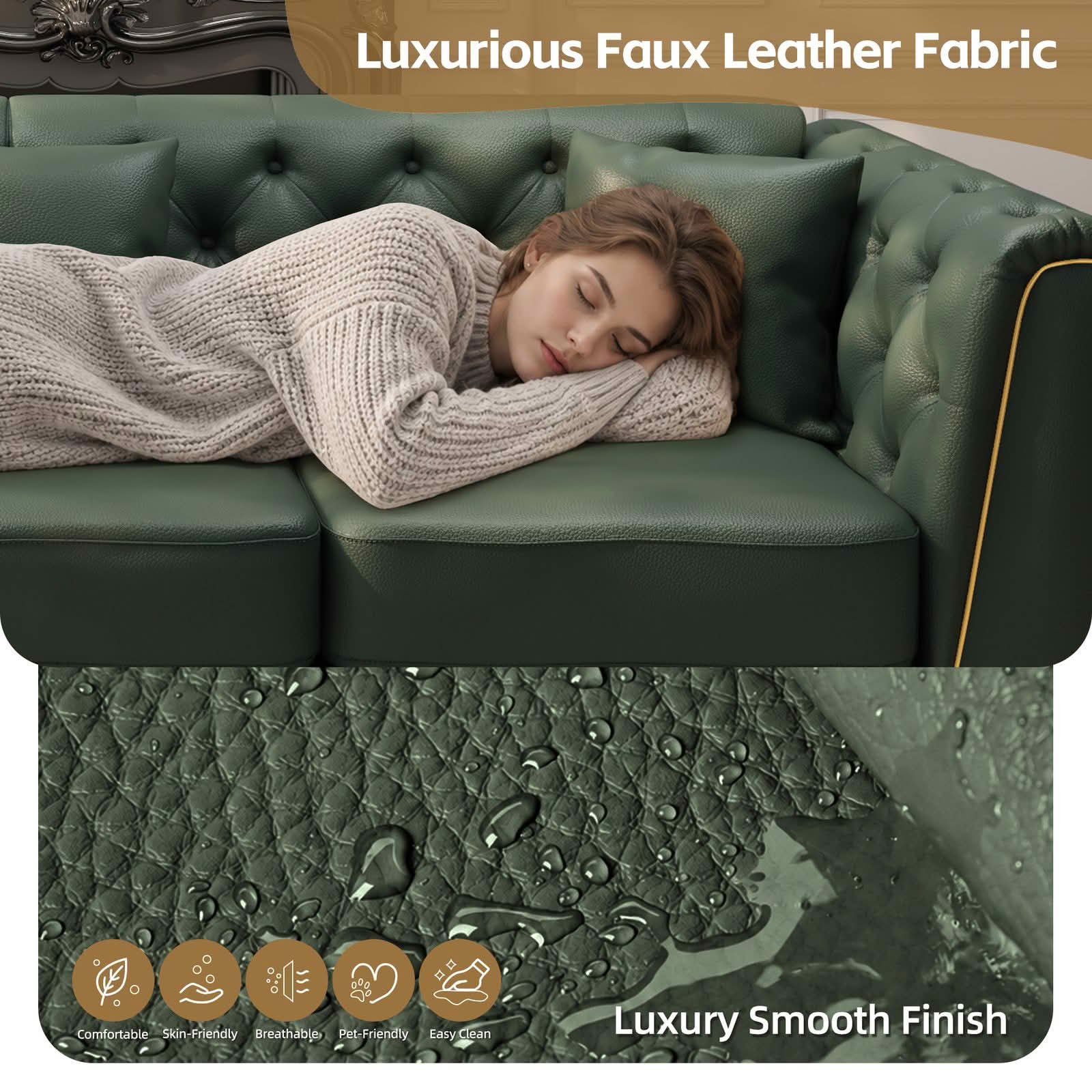 MAYEERTY 40.1" Light Luxury Modular Chesterfield Single Sofa with Ottoman, Faux‑Leather Chair with Button Tufting, Metal‑Trim Armrest & Slim Metal Legs, 1 Pillow Included