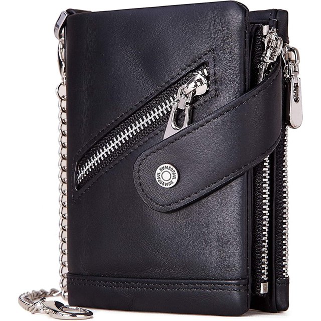 Bp930-black Cartera para hombre con bloqueo RFID Cartera de cuero genuino para hombre y bolsillo para monedas con cremallera Monedero plegable con cadena 14 Tarjetero de crédito C
