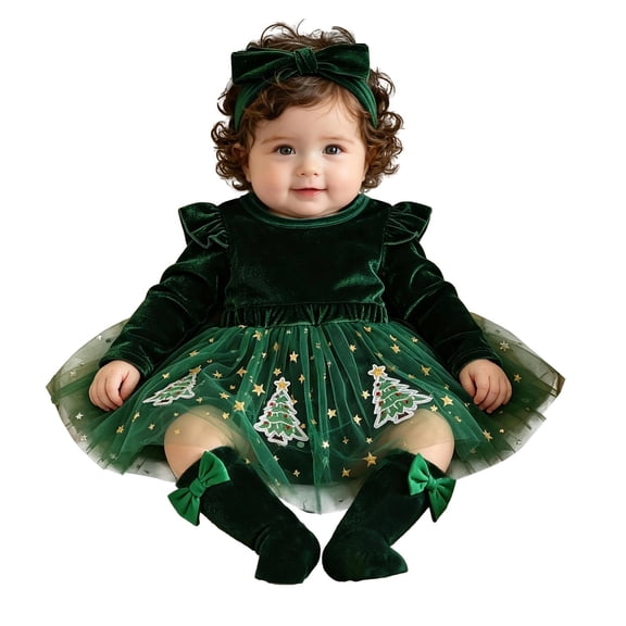 HNMKIU Kids Christmas Jumpsuit Girls Long Sleeve Christmas Romper Bodysuits Dress Headbands Set Christmas Outfit Green - 12-18 Months
