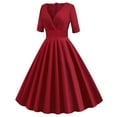 thumbnail image 4 of UYISJ Women's V Neck Wrap High Waist Solid Retro 40s 50s 60s Vintage Rockabilly Dress A-Line Swing Tea Cocktail Party Dress RedXL, 4 of 8