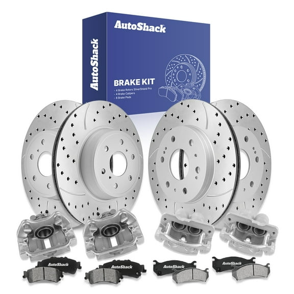 AutoShack Front & Rear Drilled & Slotted Brake Rotors Ceramic Brake Pads Calipers | Replacement for 2007 GMC Sierra 1500 Classic 6.0L V8 AWD | Silver Zinc Coated | 16-PC Brake Kit | SilverShield Pro