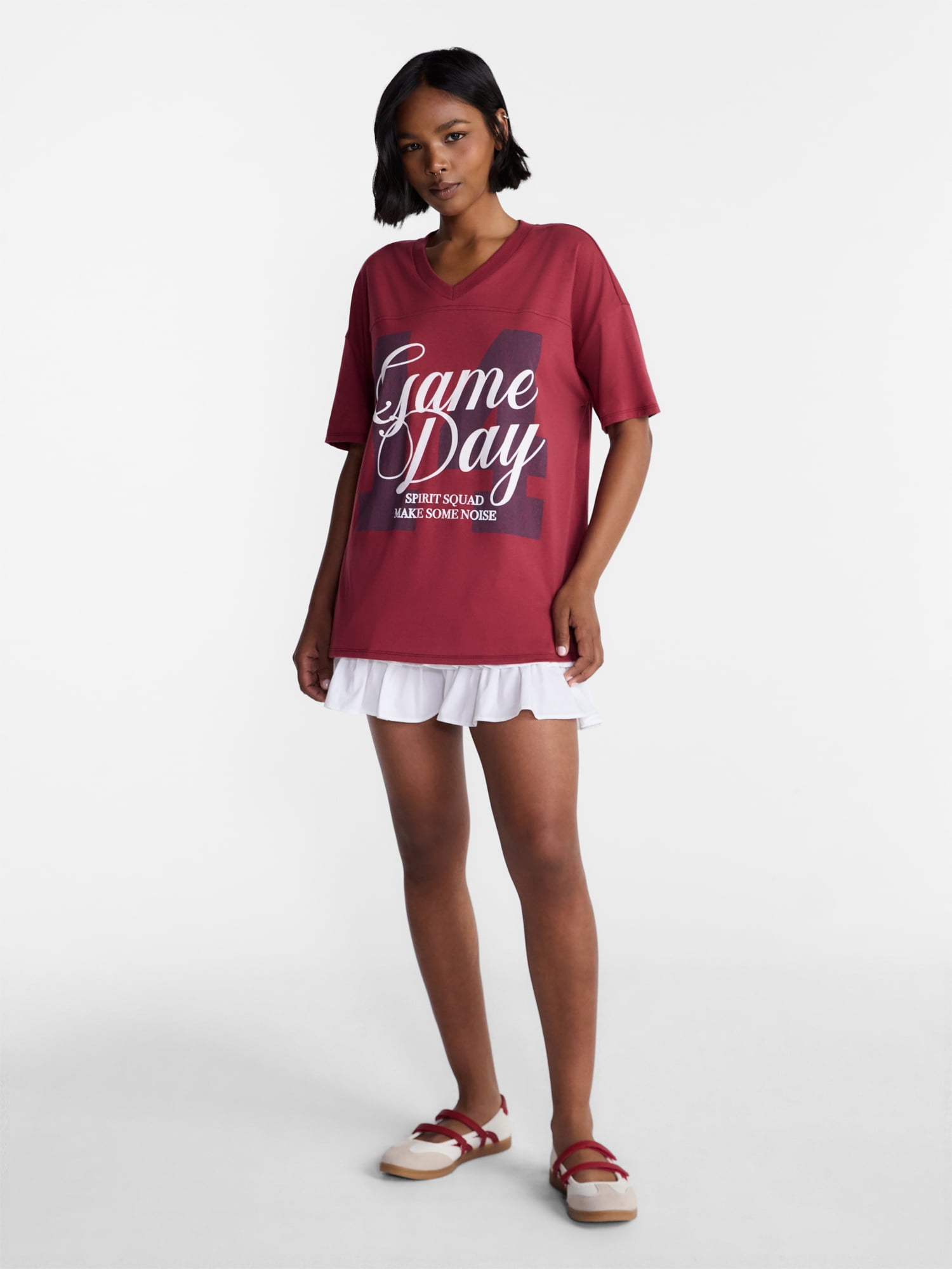 No Boundaries Oversized Graphic V Neck Football Tee, Women's XXS-XXL
