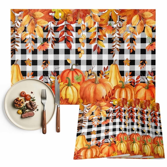 Thanksgiving Pumpkins Placemats Set of 1 Country Leaves Black And White Plaid Heat Insulated Linen Place Mats, Washable Stain-Proof Table Mats for Dining Tables Holiday Decor 13x19inch