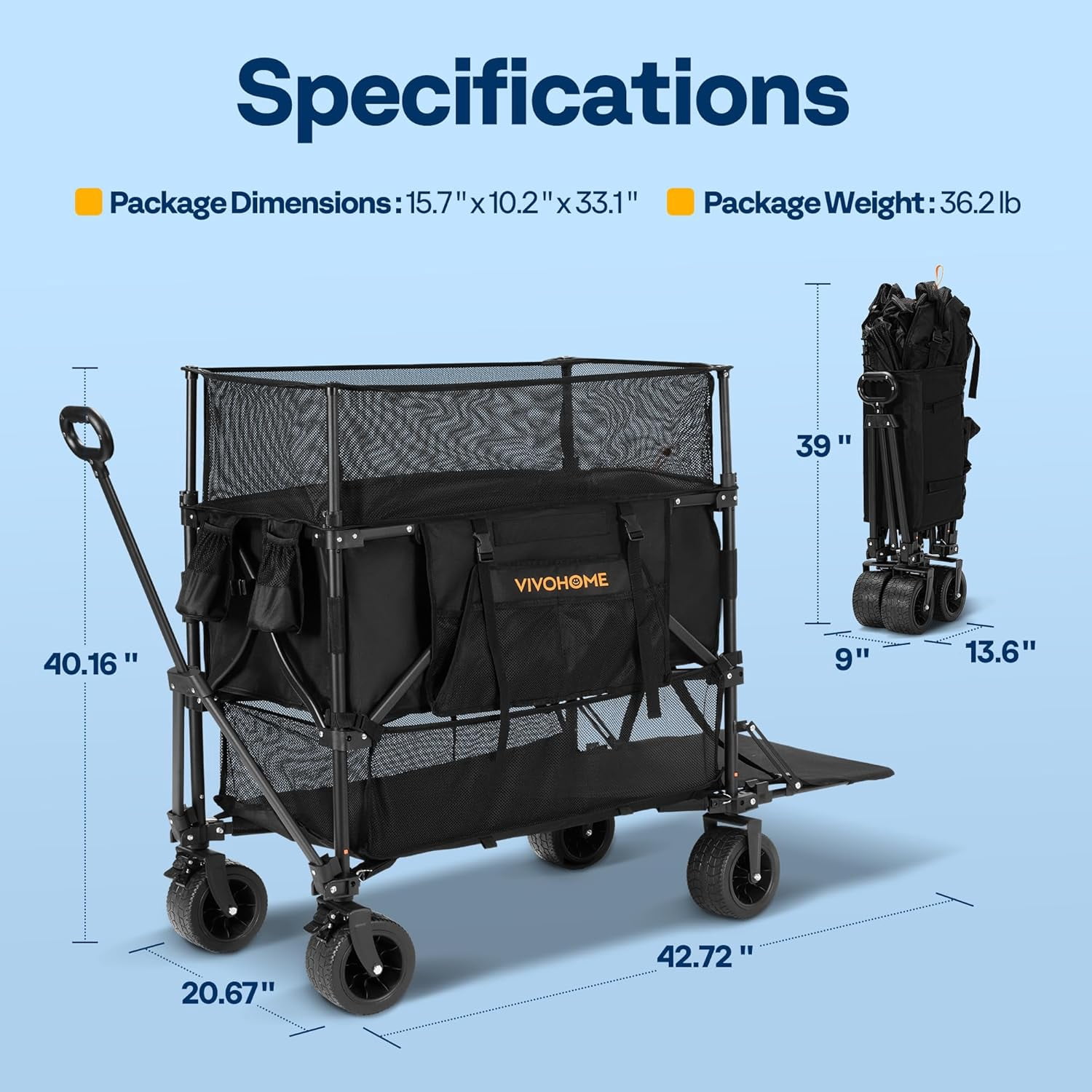 SPECSTAR 500L Large Capacity Double Decker Collapsible Wagon 500lbs Heavy Duty Utility Folding Cart with Big Wheels 53" Extended for Camping, Sports