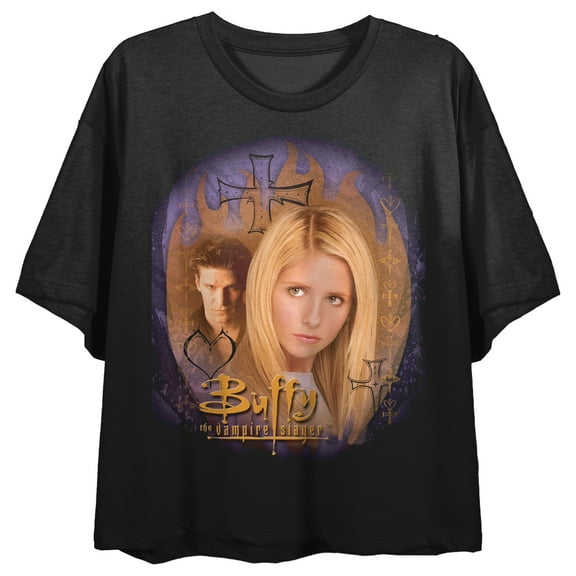 Buffy The Vampire Slayer Buffy & Angel Art Crew Neck Short Sleeve Crew Neck Women's Black Crop Top-Large