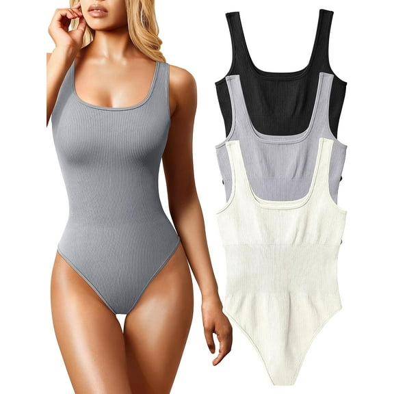 Women's 3 Piece Bodysuits Sexy Ribbed Sleeveless Square Neck Sleeveless Tank Tops Bodysuits