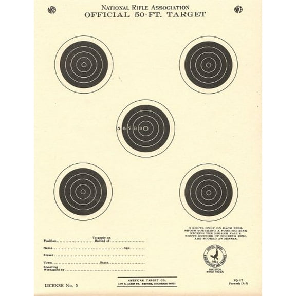 Official TQ 1/5 NRA Targets - 7"x 9.25", 50 Foot Small Bore, Five Bulls-Eye, Shooting Paper Targets, Pack of 100