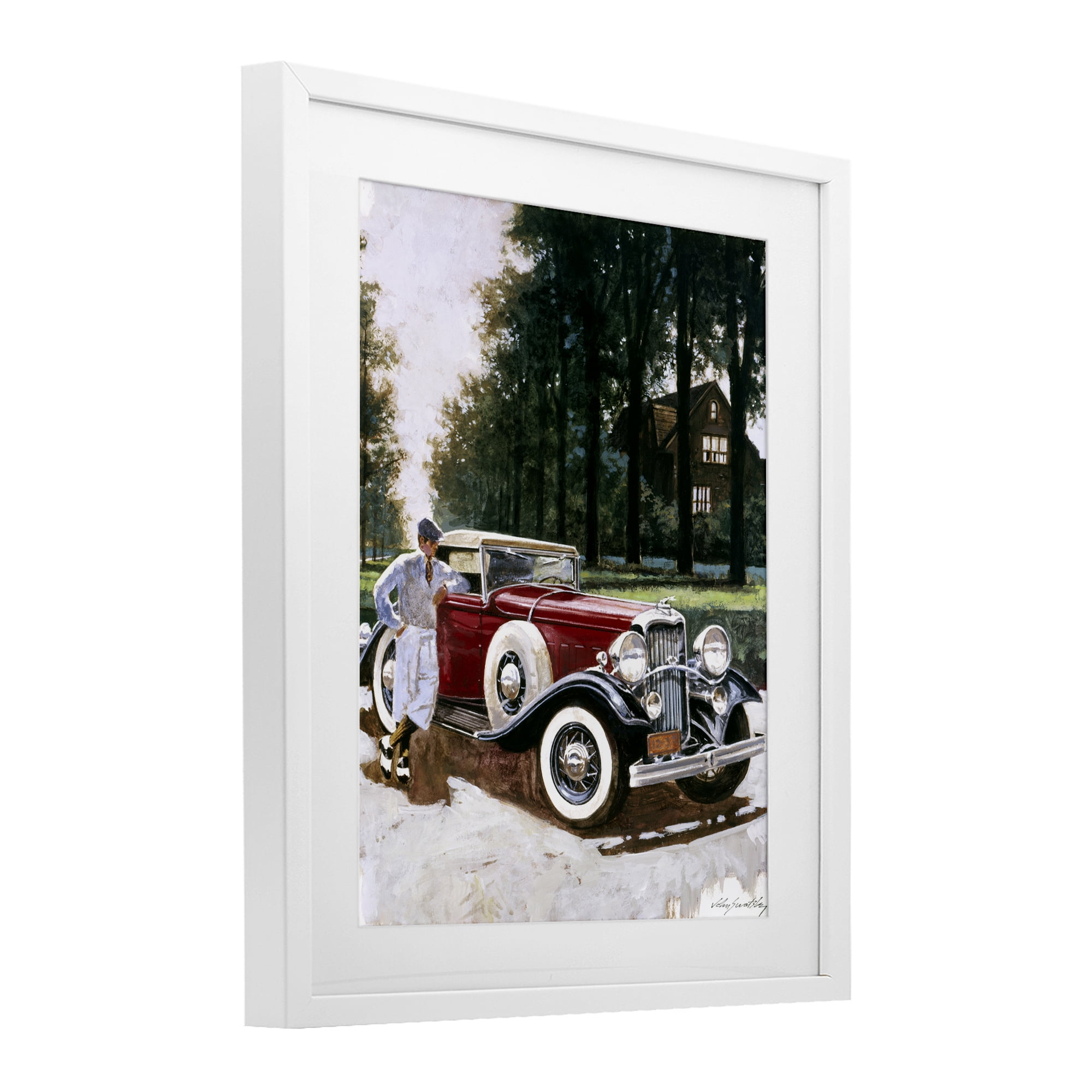 Retro Convertible Coupe & Driver White Framed Print Under Glass, design by Wind River Studios