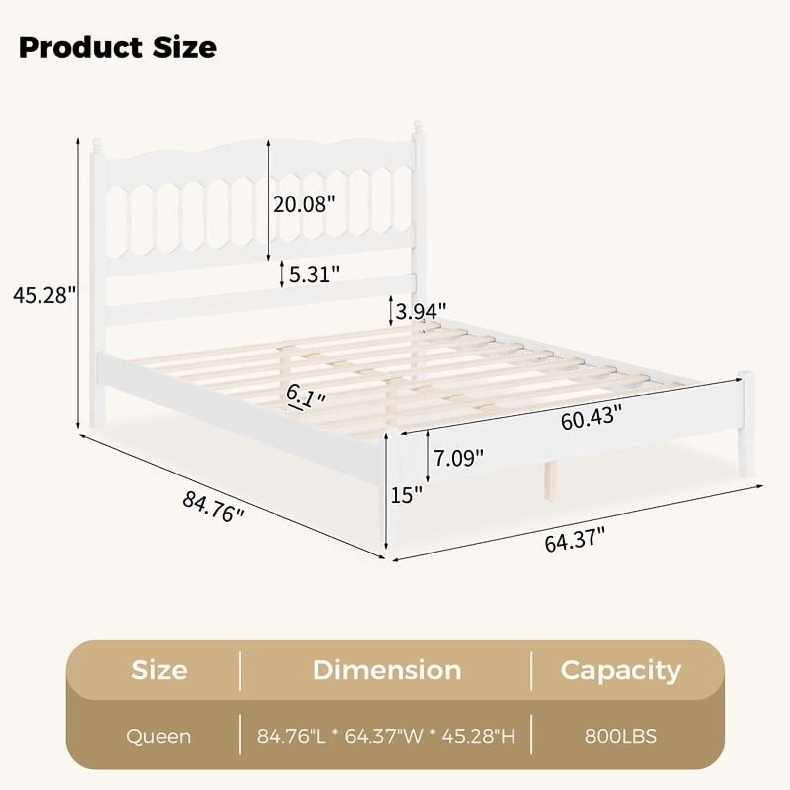 Queen Size Retro Countryside Style Wooden Bed Frame with Spindle Headboard, Low Profile Platform Bed with No Box Spring Required