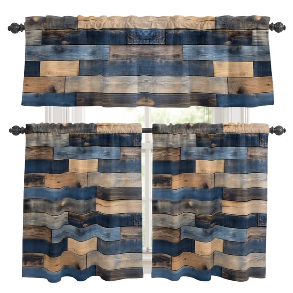 Navy Blue Brown Wood Kitchen Curtains, Kitchen Curtains and Valances Set of 3, Farmhouse Vintage Wooden Light Filtering Tailored Tier Curtain 24 Inch Length Drapes for Cafe Sink Bedroom