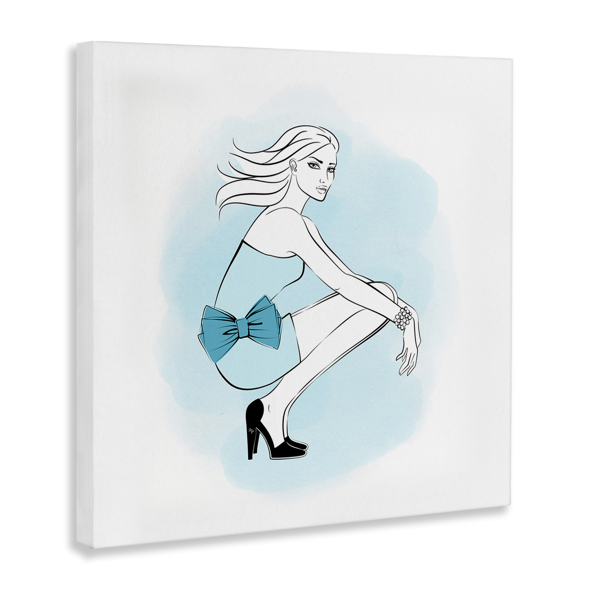 Stupell Industries Girl with Blue Bow Novelty Painting Gallery Wrapped Canvas Art Print Wall Art, 24 x 24