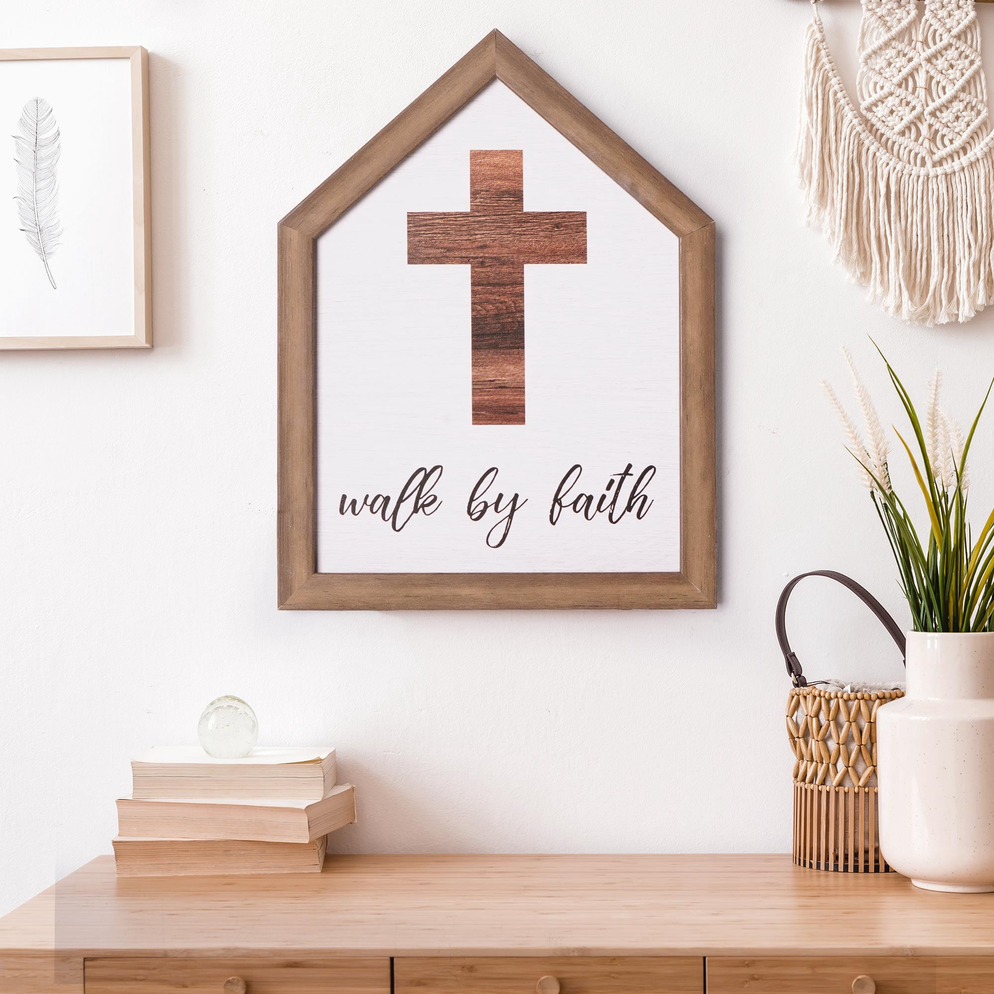 (2 pack) Walk by Faith Typographic House-Shaped Framed Wall Plaque Art - 7.5" x 5.5"