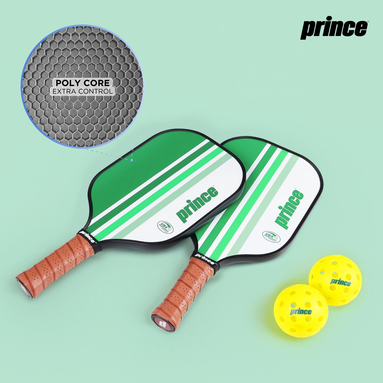 Prince Pickleball 5 Piece Fiberglass Paddle Set with Bonus Clear Backpack, Green Includes 2 Paddles, 2 Outdoor Pickleballs & Carry Bag