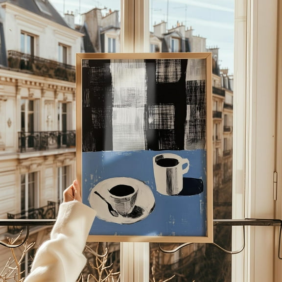 Abstract Coffee Cup Art, Black And White Minimalist Kitchen Decor, Blue Background Print, Modern Breakfast Painting Wall Art, Modern Wall Decor, 8x12 UNFRAMED