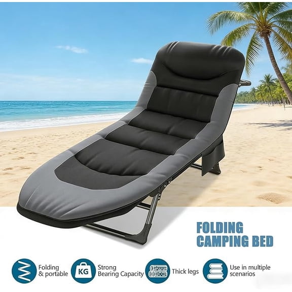 Gray 6-Position Adjustable Folding Camping Cot, Heavy Duty Lounge Chair with Pillow & Side Pocket, Waterproof Fabric, 450 lbs Capacity